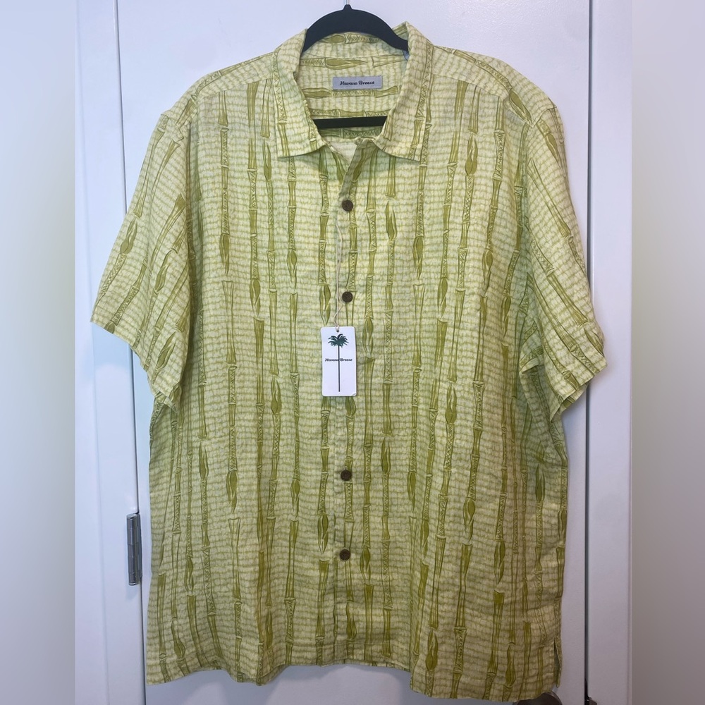 Havana Breeze Men’s Relaxed Hawaiian Shirt Bamboo Green 100% Linen Size XL